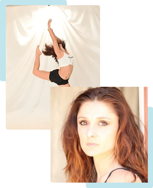 A young woman performing a dance pose and a portrait of her face.
