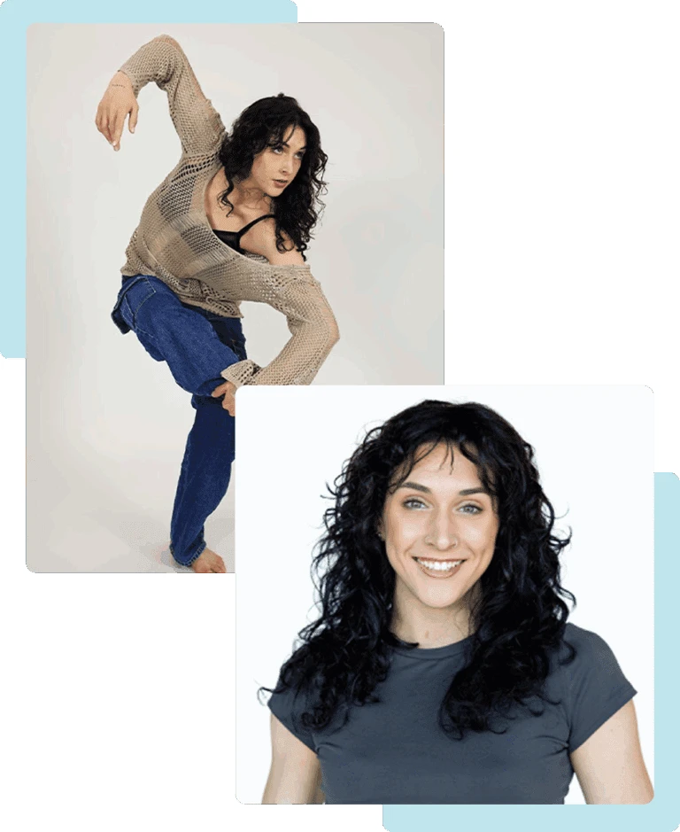 A woman dancing with expressive movement and casual clothing.