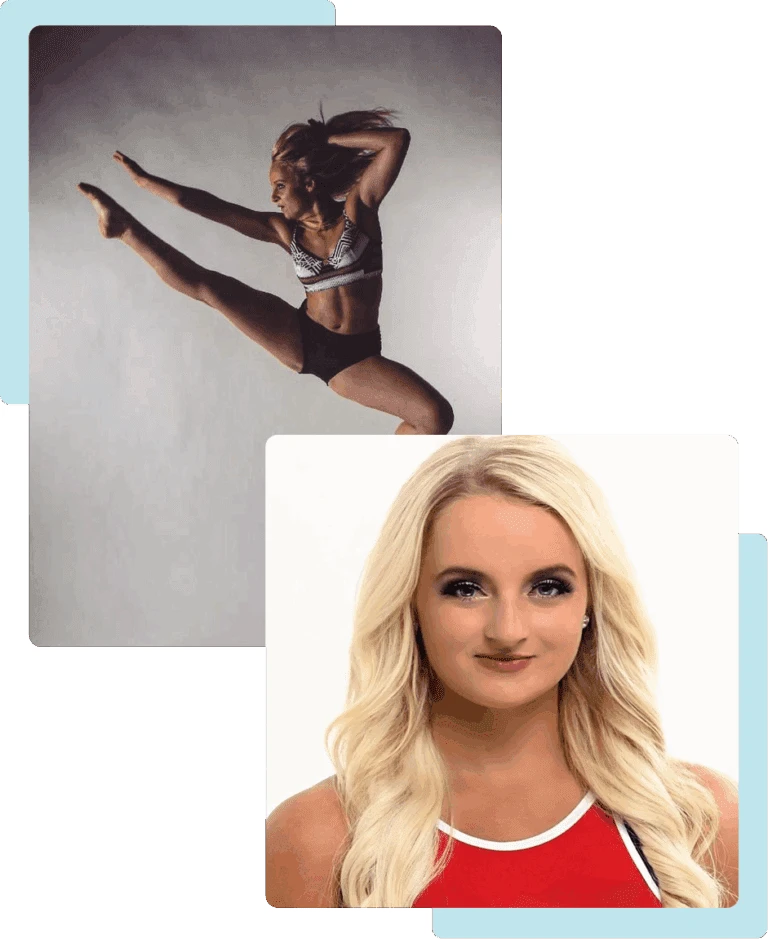 A dancer performs an elegant high kick in a studio.
