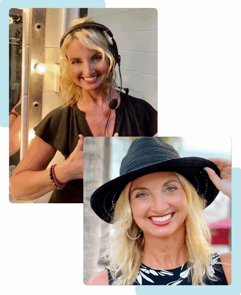 Smiling woman giving thumbs up and wearing a black hat in two photos.
