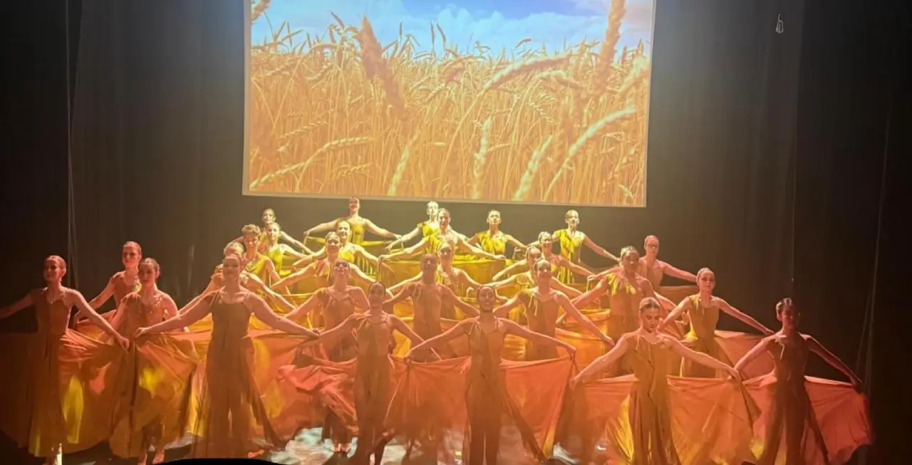 Dancers in flowing costumes perform a synchronized routine with a wheat field backdrop.