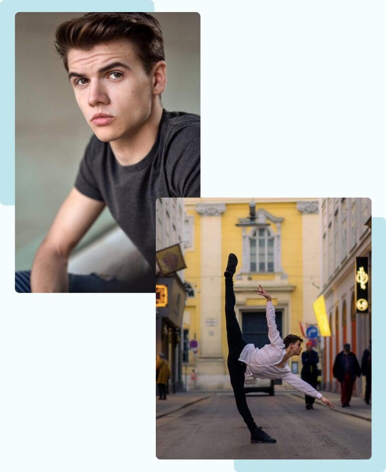 Man posing indoors and dancing outdoors.