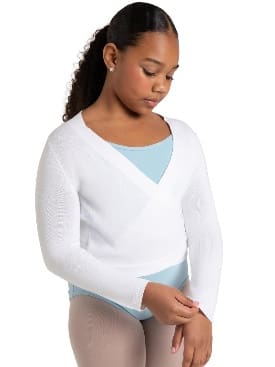 Girl wearing ballet wrap sweater and leotard.
