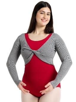 Smiling woman in red and gray outfit.
