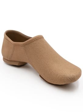 Beige slip-on jazz dance shoe.
