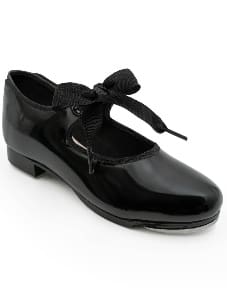 Black patent leather shoe with ribbon tie.