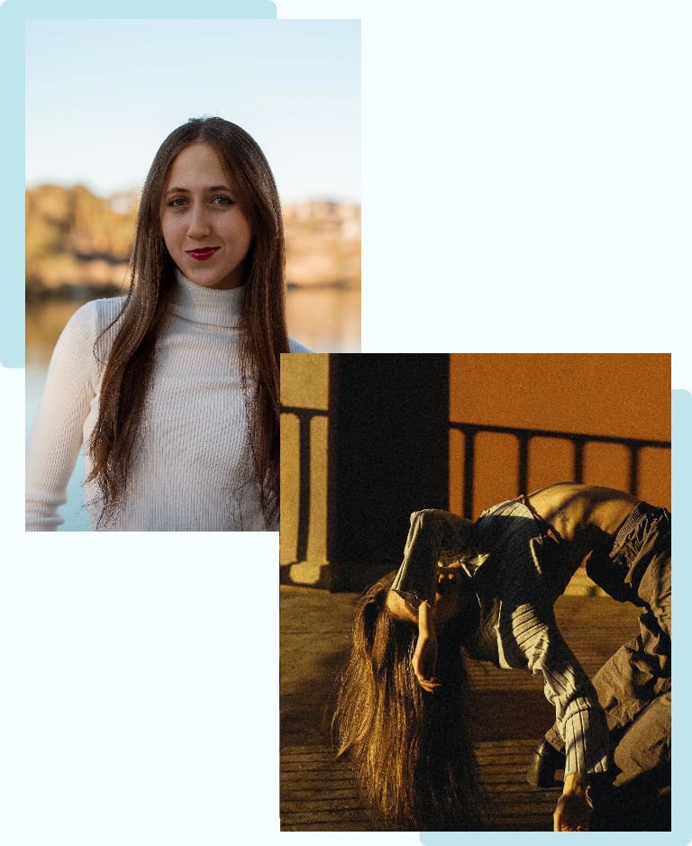 Two photos: portrait and dancer in backbend
